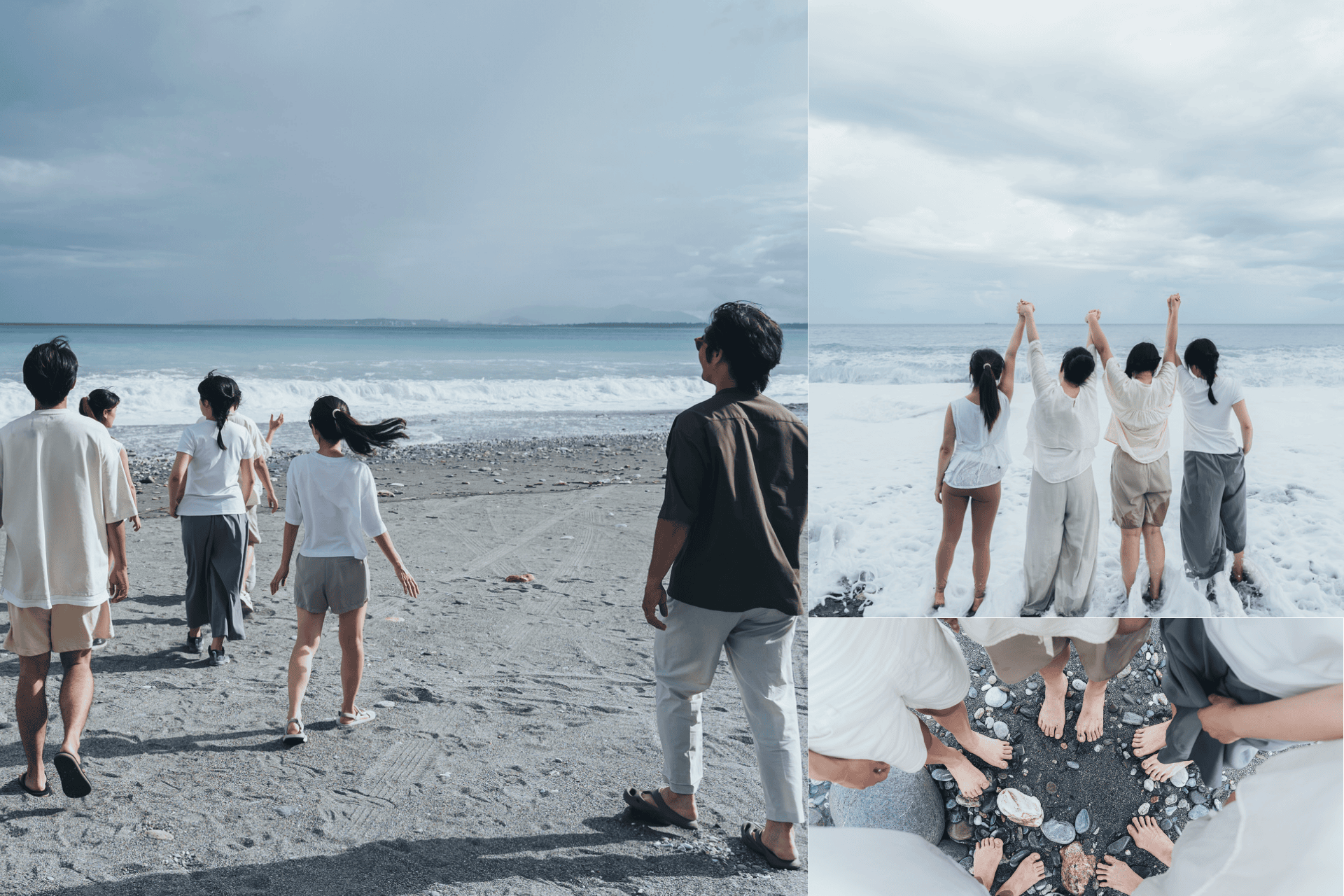 旅人走向花蓮曼波海的礫石灘,牽手迎浪並圍圈赤足落地,呈現從出發、釋放到回到身體的兩小時身心體驗