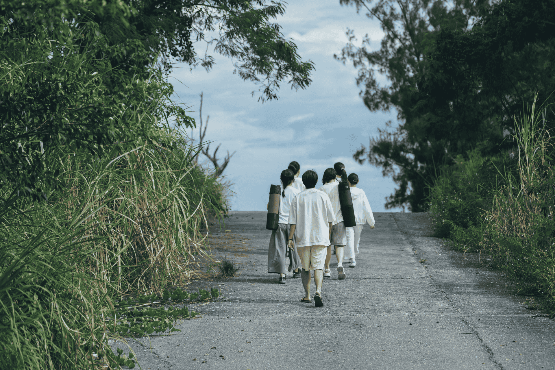 旅人肩揹瑜伽墊沿海坡道步行,走向太平洋的體驗場域,象徵不同族群一起出發,尋找屬於自己的答案